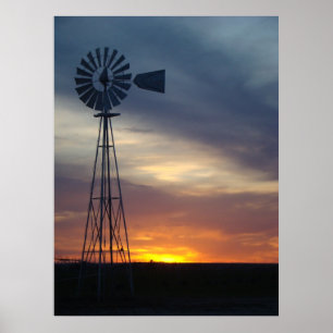 Pôster Windmill e Kansas Sunset ocidental