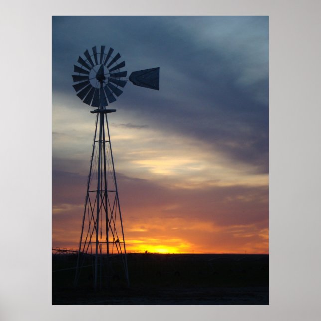 Pôster Windmill e Kansas Sunset ocidental (Frente)