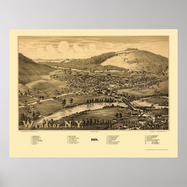 Poster Windsor, Mapa Panorâmico NY - 1887 (Frente)