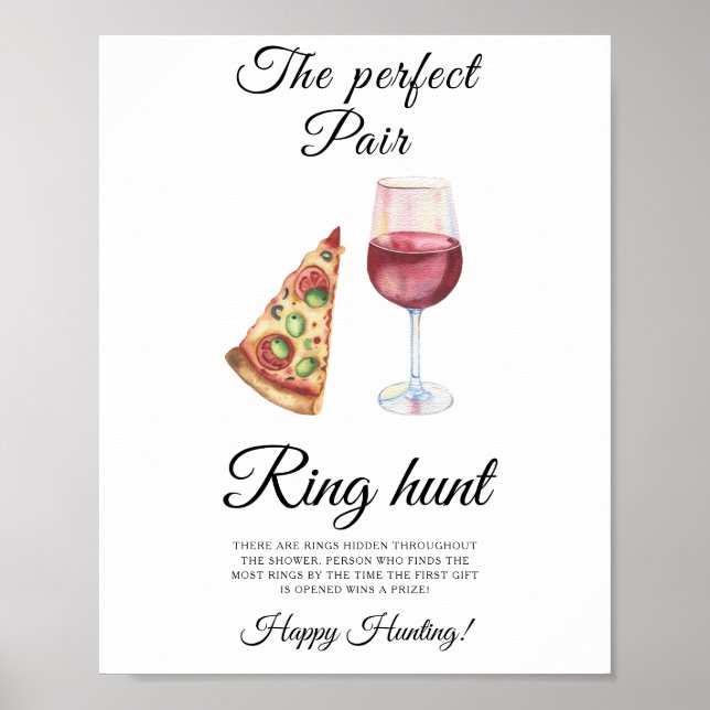 Poster Wine and Pizza Bridal shower Ring hunt game (Frente)