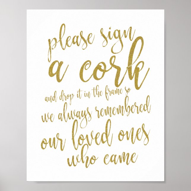 Poster Wine Cork Wedding Guest Book Gold 8x10 Sign (Frente)