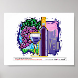 Poster Wineglass, garrafa e uvas, cidade no fundo