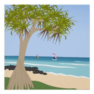 Pôster Wing Foil Surfers Pandanus Tree na Praia