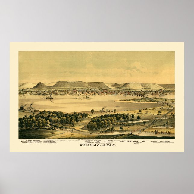 Poster Winona, Mapa Panorâmico do MN - 1867 (Frente)