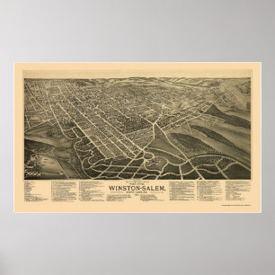 Poster Winston-Salem, mapa panorâmico do NC - 1891