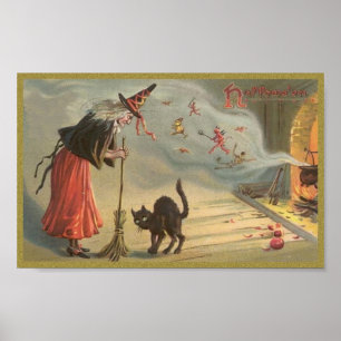Pôster Wintage Halloween Witch, Cat