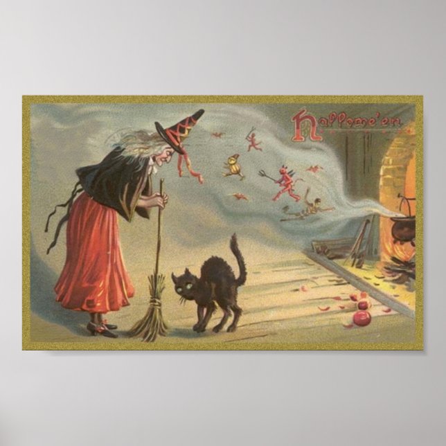 Pôster Wintage Halloween Witch, Cat (Frente)