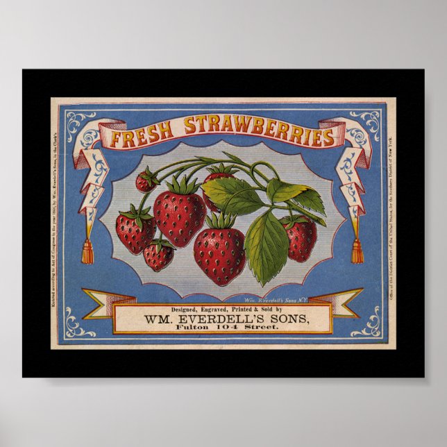 Pôster Wintage Strawberry Fruta Rótulo (Frente)