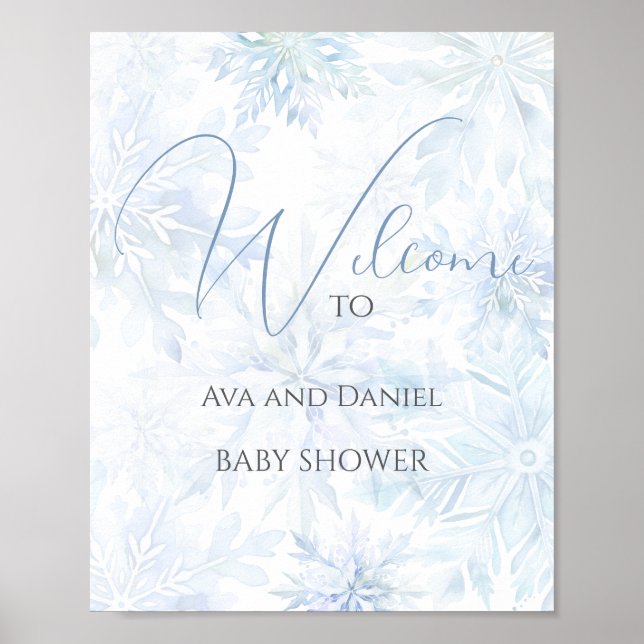 Poster Winter Baby Shower Boy Blue Snowflake Welcome (Frente)
