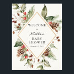 Poster Winter Baby Shower Evergreen Poinsettia Welcome Po<br><div class="desc">Welcome guests to your winter baby shower with this beautiful poster,  featuring a gold frame surrounded by evergreen,   poinsettias and winter greenery. Add the guest of honor's name,  shower date and custom welcome text using the fields provided.</div>