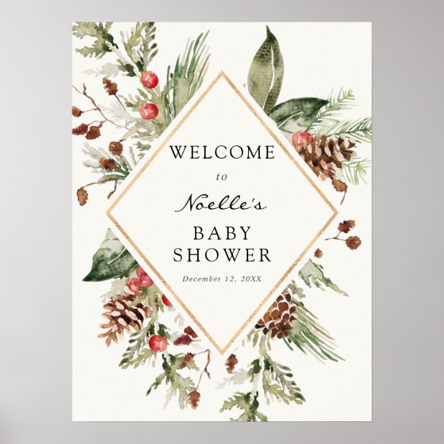 Poster Winter Baby Shower Evergreen Poinsettia Welcome Po (Frente)