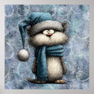 Poster Winter Blue Christmas Cat With Hat And Scarf