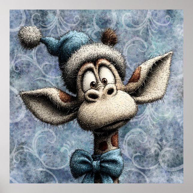 Poster Winter Blue Christmas Cute Giraffe With Hat (Frente)