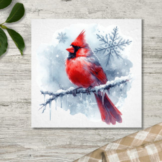 Poster Winter Cardinal with Snowflakes on Icy Branch