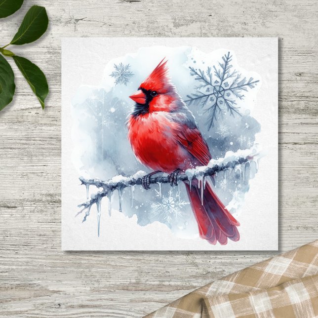 Poster Winter Cardinal with Snowflakes on Icy Branch (Criador carregado)
