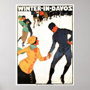 Poster WINTER EM DAVOS Swiss Ice Skating Vintage Ski