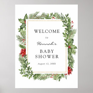 Poster Winter Evergreen Frame Baby Shower Welcome Sign
