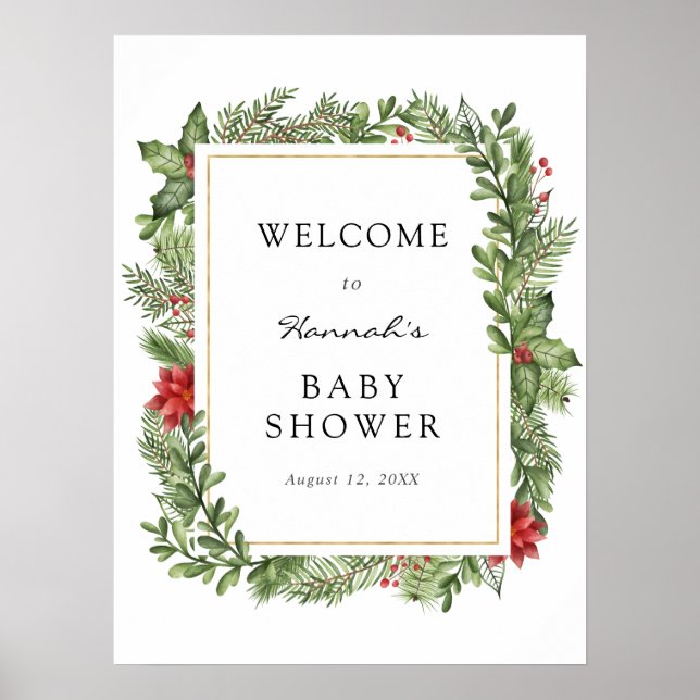 Poster Winter Evergreen Frame Baby Shower Welcome Sign (Frente)