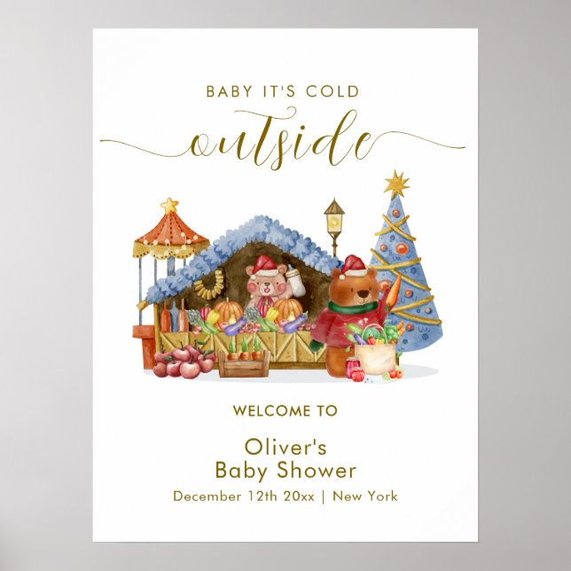 Poster Winter Farmer Market Bear Baby Shower Welcome  (Frente)