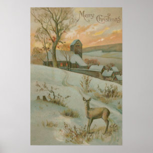 Poster Winter Field Deer Church