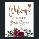 Poster Winter floral green bridal shower welcome sign<br><div class="desc">Modern glamorous winter bridal shower welcome sign poster featuring dark red wine burgundy and white peonies with green foliage, a heart, and a classy whimsical handwritten copper glitter calligraphy script over a white background. Easy to personalize with the name of the bride, date and place! Suitable for modern floral glam,...</div>