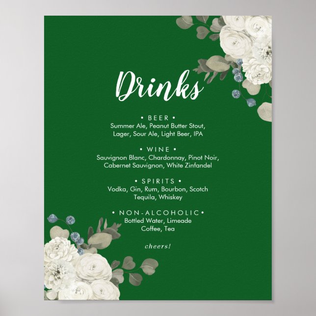 Poster Winter Floral|Green Wedding Drinks Menu Sign (Frente)