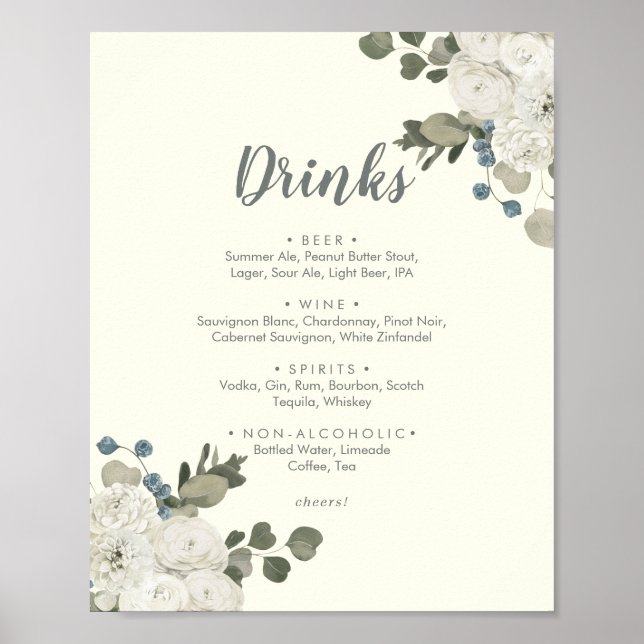 Poster Winter Floral | Indicativo De Menu "Drinks" De Cas (Frente)