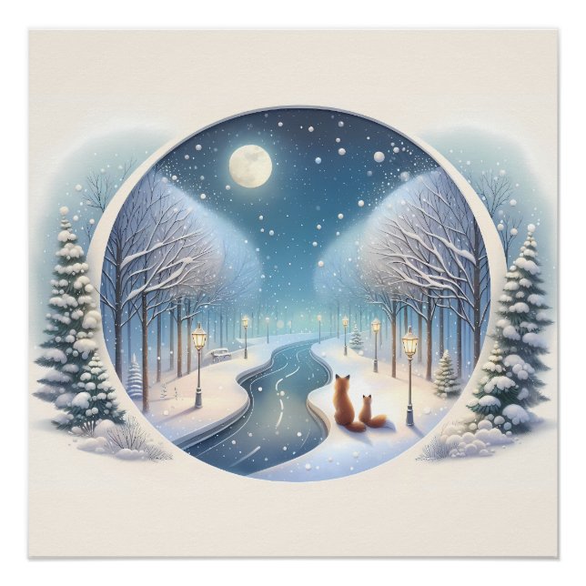 Pôster Winter Foxes by Moonlit Snowy River (Frente)