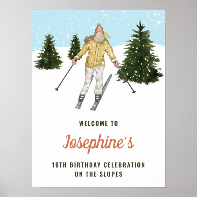 Poster Winter Girl Skiing Downhill Ski Birthday Welcome (Frente)