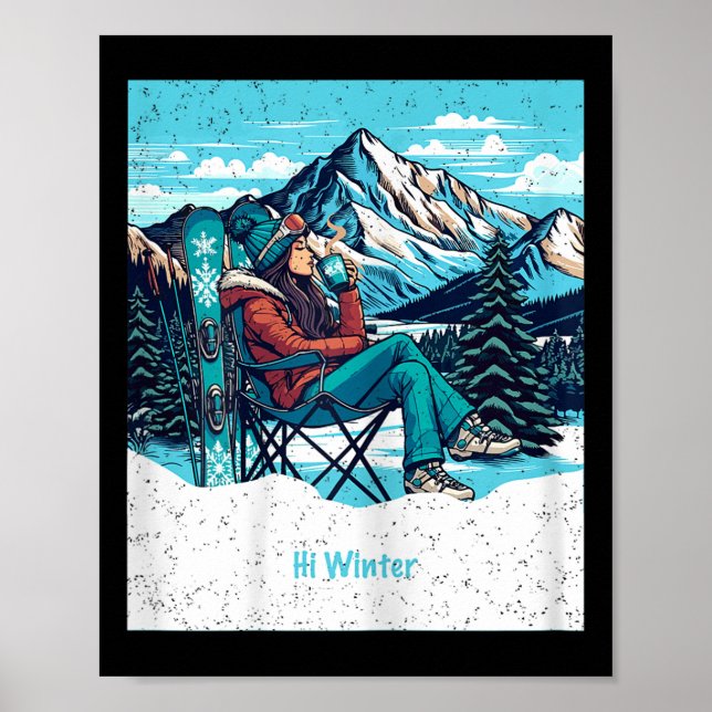 Poster Winter Holiday Skier Woman Drinking Coffee Christm (Frente)