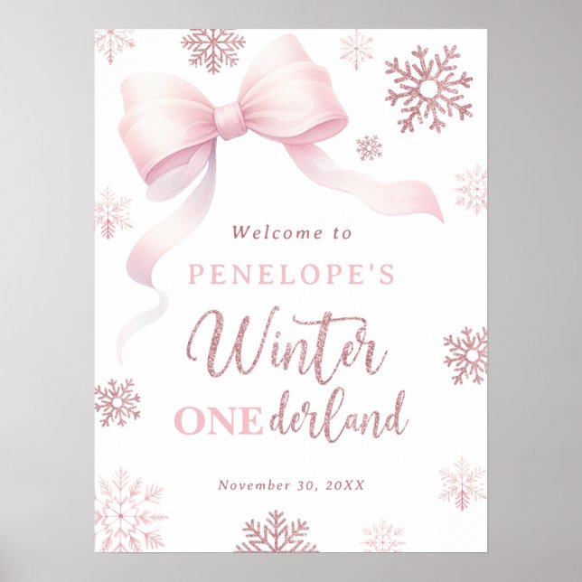 Poster Winter Onederland Bow Girl 1st Birthday Welcome (Frente)