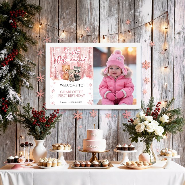 Poster Winter Onederland Pink First Photo Welcome Sign (Criador carregado)
