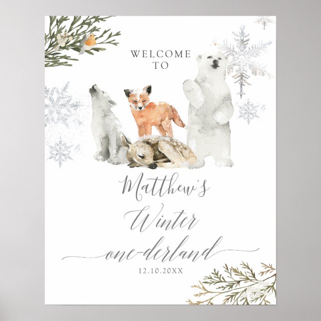 Poster Winter Onederland Woodland Animal Birthday Bem-vin (Frente)