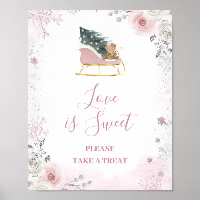 Poster Winter Pastel Pink Snowflake Sleigh Love is Sweet (Frente)