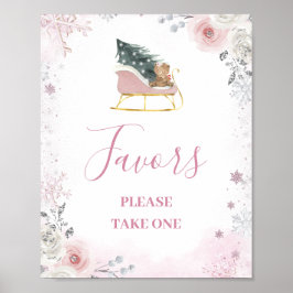 Poster Winter Pink Snowflake Sleigh Baby Shower Favors