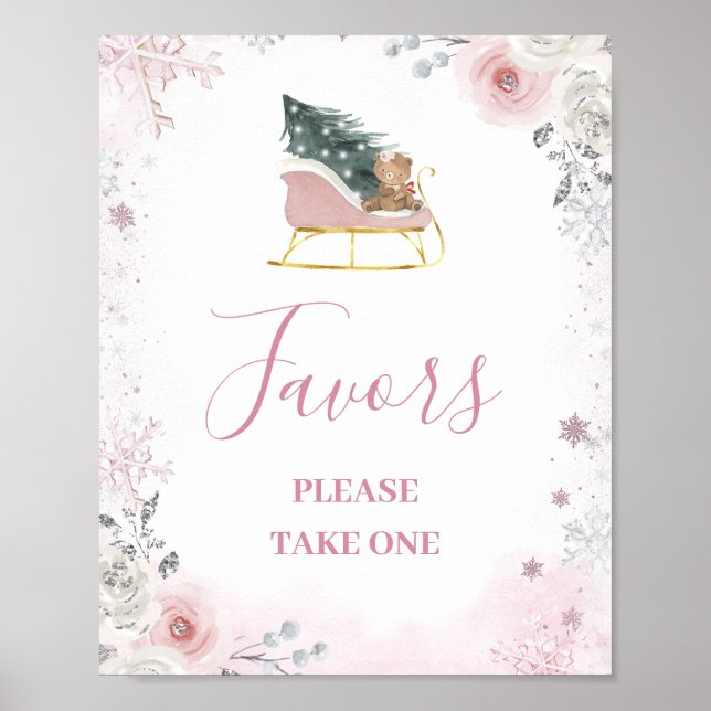 Poster Winter Pink Snowflake Sleigh Baby Shower Favors (Frente)