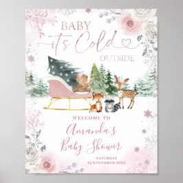 Poster Winter Pink Snowflake Sleigh Baby Shower Welcome