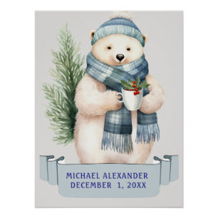 Pôster WINTER POLAR BEAR EM BLUE SCARF KIDNAME Aniversári