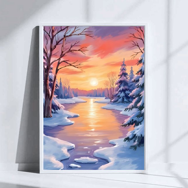 Poster Winter River Sunset Landscape Snow Watercolor (Criador carregado)
