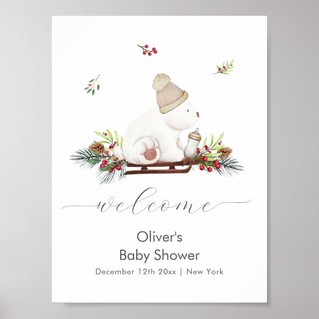 Poster Winter Sleigh Polar Bear Baby Shower Welcome  (Frente)