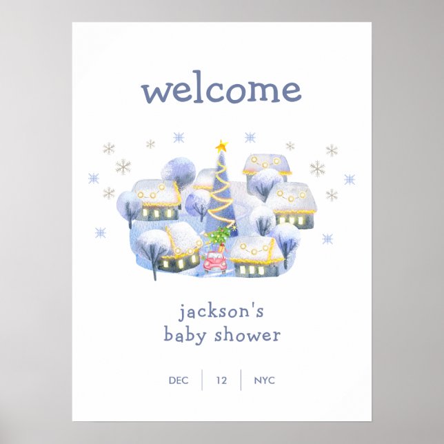 Poster Winter Snow It Take A Village Baby Shower Welcome (Frente)