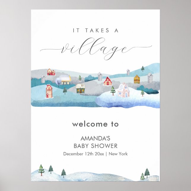 Poster Winter Snow It Takes A Village Baby Shower Welcome (Frente)
