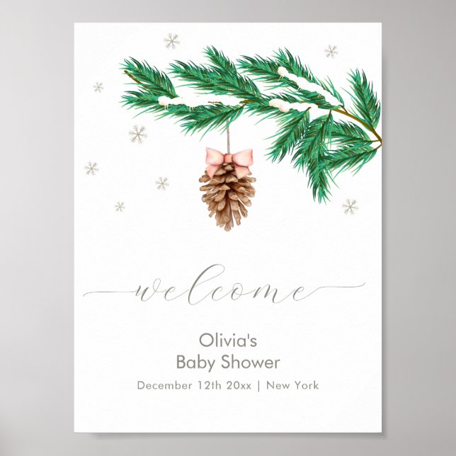 Poster Winter Snowflake Pine cone Baby Shower Welcome (Frente)