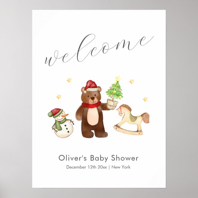 Poster Winter Teddy Bear Snowman Baby Shower Welcome (Frente)