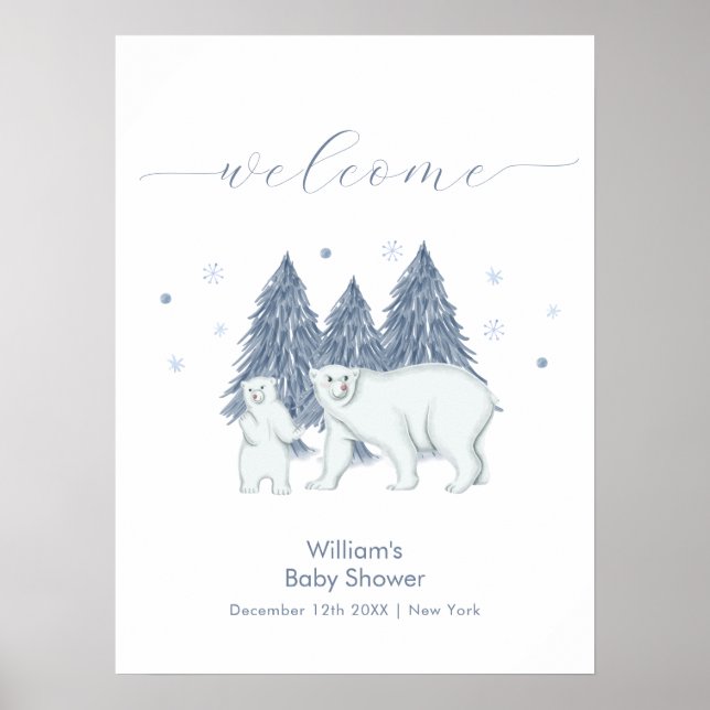 Poster Winter Woodland Polar Bear Baby Shower Welcome (Frente)