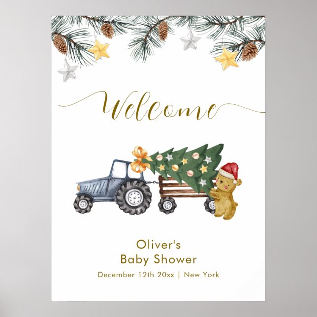 Poster Winter X'mas Tree Tractor Bear Baby Shower Welcome (Frente)