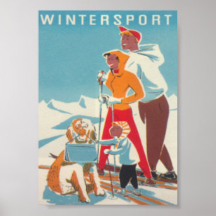Poster Wintersport Ski Family e Dog Retro Vintage