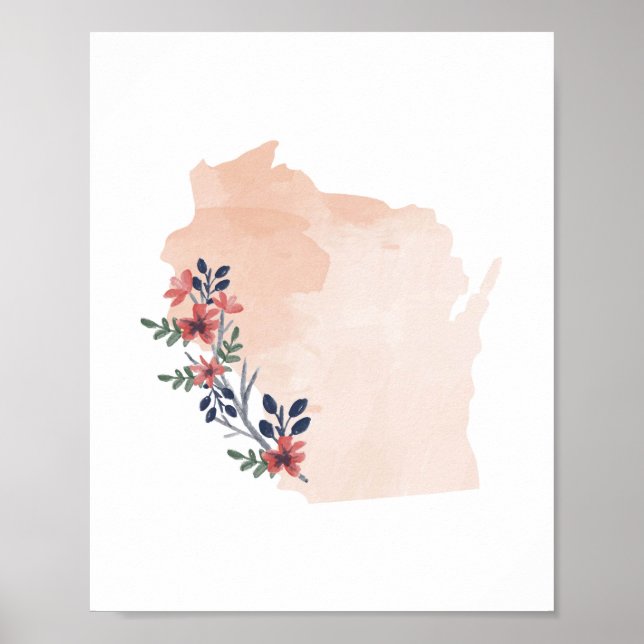 Poster Wisconsin Floral Watercolor State (Frente)
