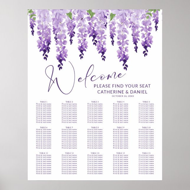 Poster Wisteria Lilac Floral Casamento Purple Watercolor (Frente)