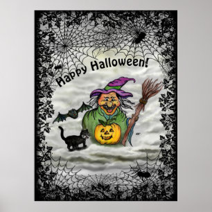 Poster Witch , Cat , Bat and Pumpkin , Happy Halloween !